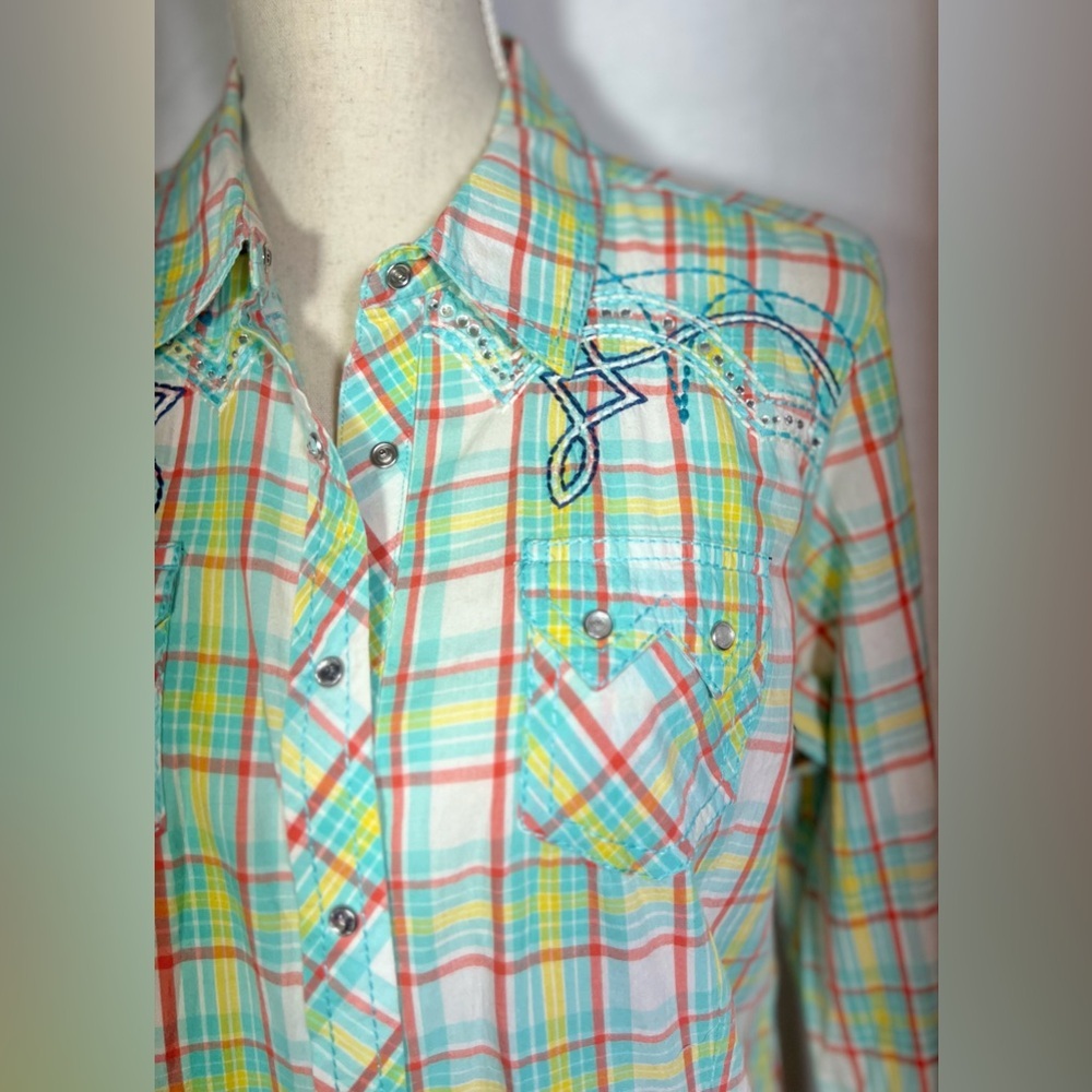 Ariat Plaid Snap Shirt L Western Pearl Snap Rhinestone Embroidered Multicolor - Picture 7 of 8
